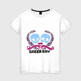Женская футболка хлопок с принтом Green day skulls в Петрозаводске, 100% хлопок | прямой крой, круглый вырез горловины, длина до линии бедер, слегка спущенное плечо | green day | rock | грин дэй | лента | музыка | рок группа | черепа | черепушки