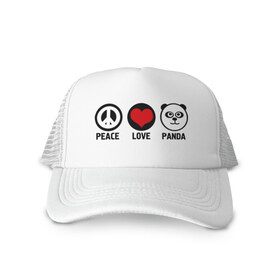 Кепка тракер с сеткой с принтом Peace, love, panda (мир любовь панда) в Петрозаводске, трикотажное полотно; задняя часть — сетка | длинный козырек, универсальный размер, пластиковая застежка | Тематика изображения на принте: love | panda | peace | любовь | мир