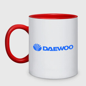 Кружка двухцветная с принтом Daewoo горизонтальный в Петрозаводске, керамика | объем — 330 мл, диаметр — 80 мм. Цветная ручка и кайма сверху, в некоторых цветах — вся внутренняя часть | daewoo | автомобиль daewoo | автомобиль дейву | дайву | логотип daewoo | логотип дайву | логотип дейву