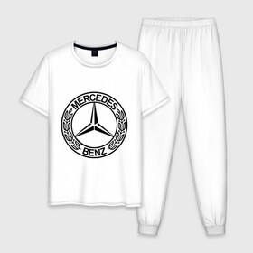 Мужская пижама хлопок с принтом Mercedes-Benz в Петрозаводске, 100% хлопок | брюки и футболка прямого кроя, без карманов, на брюках мягкая резинка на поясе и по низу штанин
 | mercedes | mercedes benz | логотип mercedes | логотип mercedes benz | логотип мерседерс бенс | мерен | мерседерс | мерседерс бенс