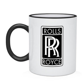 Кружка двухцветная с принтом Rolls-Royce в Петрозаводске, керамика | объем — 330 мл, диаметр — 80 мм. Цветная ручка и кайма сверху, в некоторых цветах — вся внутренняя часть | rolls royce | rr | автобренды | автолюбителям | бренд | логотип | ролл ройс | ролс ройс