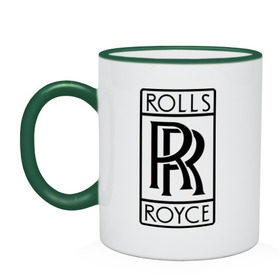 Кружка двухцветная с принтом Rolls-Royce logo в Петрозаводске, керамика | объем — 330 мл, диаметр — 80 мм. Цветная ручка и кайма сверху, в некоторых цветах — вся внутренняя часть | Тематика изображения на принте: rolls royce | rr | автобренды | автолюбителям | бренд | логотип | ролл ройс | ролс ройс