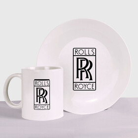 Набор: тарелка + кружка с принтом Rolls-Royce logo в Петрозаводске, керамика | Кружка: объем — 330 мл, диаметр — 80 мм. Принт наносится на бока кружки, можно сделать два разных изображения. 
Тарелка: диаметр - 210 мм, диаметр для нанесения принта - 120 мм. | rolls royce | rr | автобренды | автолюбителям | бренд | логотип | ролл ройс | ролс ройс