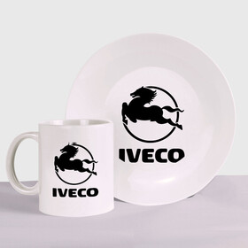 Набор: тарелка + кружка с принтом Iveco в Петрозаводске, керамика | Кружка: объем — 330 мл, диаметр — 80 мм. Принт наносится на бока кружки, можно сделать два разных изображения. 
Тарелка: диаметр - 210 мм, диаметр для нанесения принта - 120 мм. | iveco | автобренды | автолюбителям | бренд | ивеко | логотип