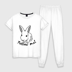 Женская пижама хлопок с принтом Следуй за белым кроликом в Петрозаводске, 100% хлопок | брюки и футболка прямого кроя, без карманов, на брюках мягкая резинка на поясе и по низу штанин | Тематика изображения на принте: alice in wonderland | follow me | алиса в стране чудес | животное | заяц | зверь | кролик | следуй за мной