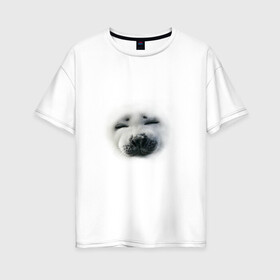 Женская футболка хлопок Oversize с принтом Пушистый морской котик в Петрозаводске, 100% хлопок | свободный крой, круглый ворот, спущенный рукав, длина до линии бедер
 | животные | звери | мордочка | нос