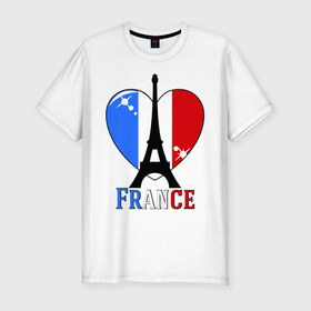 Мужская футболка премиум с принтом Люблю Францию в Петрозаводске, 92% хлопок, 8% лайкра | приталенный силуэт, круглый вырез ворота, длина до линии бедра, короткий рукав | Тематика изображения на принте: france | i love france | париж | франция | эйвелева башня | я люблю францию