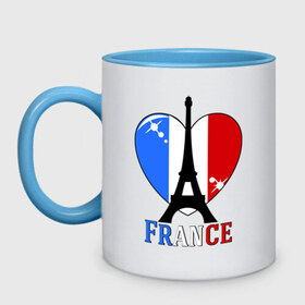 Кружка двухцветная с принтом Люблю Францию в Петрозаводске, керамика | объем — 330 мл, диаметр — 80 мм. Цветная ручка и кайма сверху, в некоторых цветах — вся внутренняя часть | Тематика изображения на принте: france | i love france | париж | франция | эйвелева башня | я люблю францию