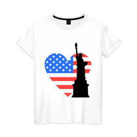 Женская футболка хлопок с принтом Люблю Америку в Петрозаводске, 100% хлопок | прямой крой, круглый вырез горловины, длина до линии бедер, слегка спущенное плечо | usa | америка | люблю америку | статуя свободы | сша | штаты | я люблю америку