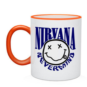 Кружка двухцветная с принтом Nevermind Nirvana в Петрозаводске, керамика | объем — 330 мл, диаметр — 80 мм. Цветная ручка и кайма сверху, в некоторых цветах — вся внутренняя часть | Тематика изображения на принте: kurt kobain | nirvana | курт кобейн | музыкальные группы | нирвана | рок группы