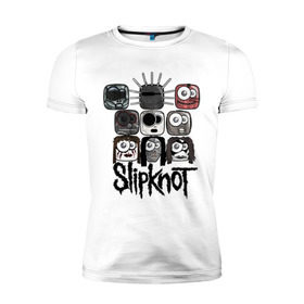 Мужская футболка премиум с принтом Slipknot masks в Петрозаводске, 92% хлопок, 8% лайкра | приталенный силуэт, круглый вырез ворота, длина до линии бедра, короткий рукав | metall | метал | металл | нью метал | слипкнот