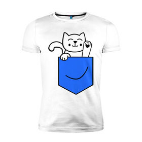 Мужская футболка премиум с принтом Котенок в кармане в Петрозаводске, 92% хлопок, 8% лайкра | приталенный силуэт, круглый вырез ворота, длина до линии бедра, короткий рукав | киса | котенок | котик | кошка