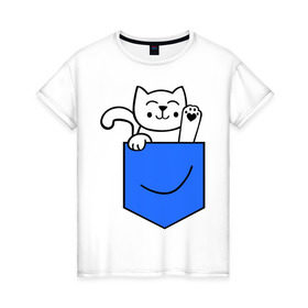 Женская футболка хлопок с принтом Котенок в кармане в Петрозаводске, 100% хлопок | прямой крой, круглый вырез горловины, длина до линии бедер, слегка спущенное плечо | киса | котенок | котик | кошка