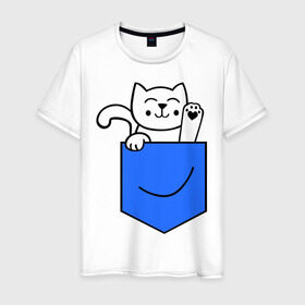 Мужская футболка хлопок с принтом Котенок в кармане в Петрозаводске, 100% хлопок | прямой крой, круглый вырез горловины, длина до линии бедер, слегка спущенное плечо. | Тематика изображения на принте: киса | котенок | котик | кошка