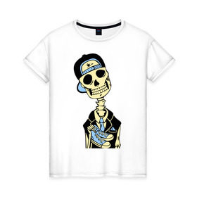 Женская футболка хлопок с принтом Скелет в кепке в Петрозаводске, 100% хлопок | прямой крой, круглый вырез горловины, длина до линии бедер, слегка спущенное плечо | скелет