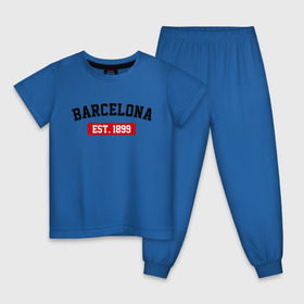 Детская пижама хлопок с принтом FC Barcelona Est. 1899 в Петрозаводске, 100% хлопок |  брюки и футболка прямого кроя, без карманов, на брюках мягкая резинка на поясе и по низу штанин
 | Тематика изображения на принте: barcelona | fc barcelona | барселона | фк барселона