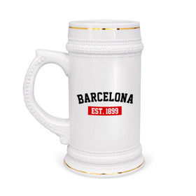 Кружка пивная с принтом FC Barcelona Est. 1899 в Петрозаводске,  керамика (Материал выдерживает высокую температуру, стоит избегать резкого перепада температур) |  объем 630 мл | Тематика изображения на принте: barcelona | fc barcelona | барселона | фк барселона