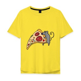 Мужская футболка хлопок Oversize с принтом Кусочек пиццы парная в Петрозаводске, 100% хлопок | свободный крой, круглый ворот, “спинка” длиннее передней части | pizza | влюбленным | для влюбленных | для двоих | для пар | мышонок | пара | парные | пицца