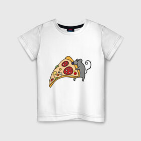 Детская футболка хлопок с принтом Кусочек пиццы парная в Петрозаводске, 100% хлопок | круглый вырез горловины, полуприлегающий силуэт, длина до линии бедер | pizza | влюбленным | для влюбленных | для двоих | для пар | мышонок | пара | парные | пицца