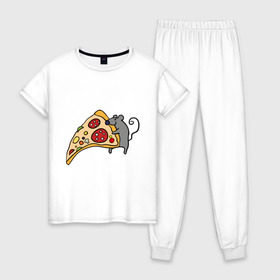 Женская пижама хлопок с принтом Кусочек пиццы парная в Петрозаводске, 100% хлопок | брюки и футболка прямого кроя, без карманов, на брюках мягкая резинка на поясе и по низу штанин | pizza | влюбленным | для влюбленных | для двоих | для пар | мышонок | пара | парные | пицца