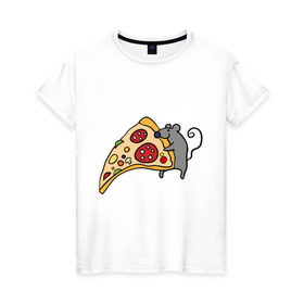 Женская футболка хлопок с принтом Кусочек пиццы парная в Петрозаводске, 100% хлопок | прямой крой, круглый вырез горловины, длина до линии бедер, слегка спущенное плечо | pizza | влюбленным | для влюбленных | для двоих | для пар | мышонок | пара | парные | пицца