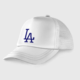 Детская кепка тракер с принтом Los Angeles Dodgers logo в Петрозаводске, Козырек - 100% хлопок. Кепка - 100% полиэстер, Задняя часть - сетка | универсальный размер, пластиковая застёжка | baseball | la | los angeles dodgers | бейсбол | лос анджелес доджерс | спорт