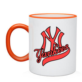 Кружка двухцветная с принтом New York Yankees logo в Петрозаводске, керамика | объем — 330 мл, диаметр — 80 мм. Цветная ручка и кайма сверху, в некоторых цветах — вся внутренняя часть | Тематика изображения на принте: baseball | new york yankees | бейсбол | нью йорк янкиз | спорт | янки