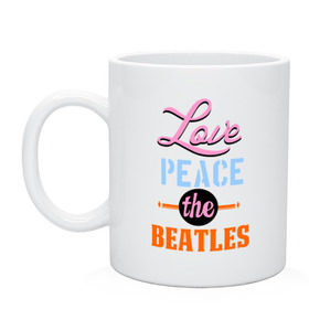 Кружка с принтом Love peace the Beatles в Петрозаводске, керамика | объем — 330 мл, диаметр — 80 мм. Принт наносится на бока кружки, можно сделать два разных изображения | beatles | love peace the beatles | the beatles | бителс