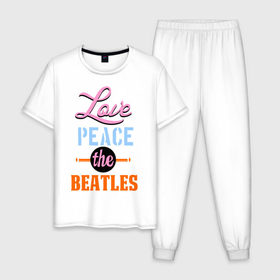Мужская пижама хлопок с принтом Love peace the Beatles в Петрозаводске, 100% хлопок | брюки и футболка прямого кроя, без карманов, на брюках мягкая резинка на поясе и по низу штанин
 | beatles | love peace the beatles | the beatles | бителс