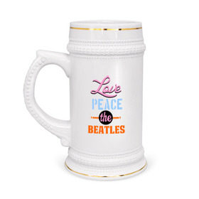 Кружка пивная с принтом Love peace the Beatles в Петрозаводске,  керамика (Материал выдерживает высокую температуру, стоит избегать резкого перепада температур) |  объем 630 мл | beatles | love peace the beatles | the beatles | бителс