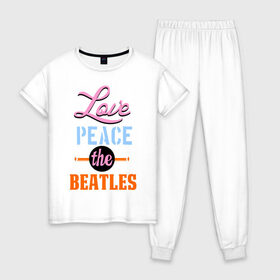 Женская пижама хлопок с принтом Love peace the Beatles в Петрозаводске, 100% хлопок | брюки и футболка прямого кроя, без карманов, на брюках мягкая резинка на поясе и по низу штанин | beatles | love peace the beatles | the beatles | бителс