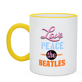Кружка двухцветная с принтом Love peace the Beatles в Петрозаводске, керамика | объем — 330 мл, диаметр — 80 мм. Цветная ручка и кайма сверху, в некоторых цветах — вся внутренняя часть | Тематика изображения на принте: beatles | love peace the beatles | the beatles | бителс