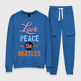 Женский костюм хлопок с принтом Love peace the Beatles в Петрозаводске, 100% хлопок | на свитшоте круглая горловина, мягкая резинка по низу. Брюки заужены к низу, на них два вида карманов: два 