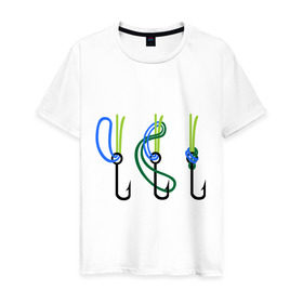 Мужская футболка хлопок с принтом Рыболовный узел в Петрозаводске, 100% хлопок | прямой крой, круглый вырез горловины, длина до линии бедер, слегка спущенное плечо. | крючок | ноживка | рыбаку | рыбалка | рыболов | удочка