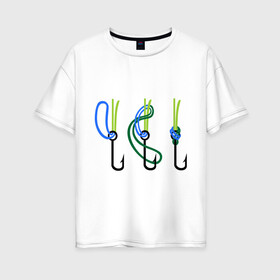 Женская футболка хлопок Oversize с принтом Рыболовный узел в Петрозаводске, 100% хлопок | свободный крой, круглый ворот, спущенный рукав, длина до линии бедер
 | крючок | ноживка | рыбаку | рыбалка | рыболов | удочка