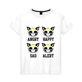 Женская футболка хлопок с принтом Mood Cat в Петрозаводске, 100% хлопок | прямой крой, круглый вырез горловины, длина до линии бедер, слегка спущенное плечо | alert | angry | happy | mood cat | sad