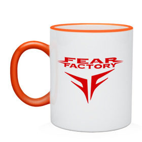 Кружка двухцветная с принтом Fear Factory logo в Петрозаводске, керамика | объем — 330 мл, диаметр — 80 мм. Цветная ручка и кайма сверху, в некоторых цветах — вся внутренняя часть | Тематика изображения на принте: fear factory