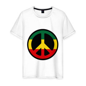 Мужская футболка хлопок с принтом Peace simbol в Петрозаводске, 100% хлопок | прямой крой, круглый вырез горловины, длина до линии бедер, слегка спущенное плечо. | reggae | мир | раста | растафари