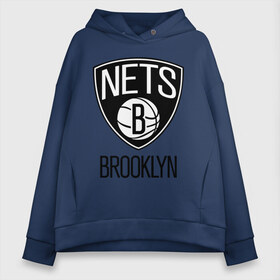 Женское худи Oversize хлопок с принтом Nets Brooklyn в Петрозаводске, френч-терри — 70% хлопок, 30% полиэстер. Мягкий теплый начес внутри —100% хлопок | боковые карманы, эластичные манжеты и нижняя кромка, капюшон на магнитной кнопке | бруклин