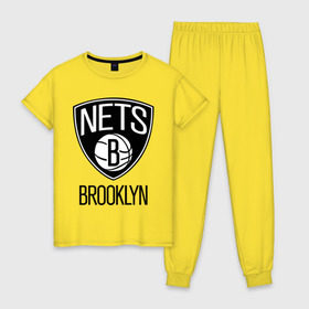 Женская пижама хлопок с принтом Nets Brooklyn в Петрозаводске, 100% хлопок | брюки и футболка прямого кроя, без карманов, на брюках мягкая резинка на поясе и по низу штанин | бруклин