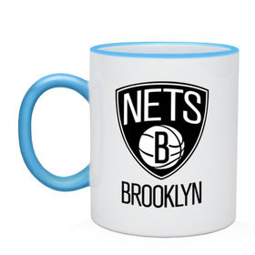 Кружка двухцветная с принтом Nets Brooklyn в Петрозаводске, керамика | объем — 330 мл, диаметр — 80 мм. Цветная ручка и кайма сверху, в некоторых цветах — вся внутренняя часть | бруклин