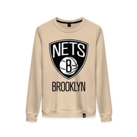 Женский свитшот хлопок с принтом Nets Brooklyn в Петрозаводске, 100% хлопок | прямой крой, круглый вырез, на манжетах и по низу широкая трикотажная резинка  | бруклин