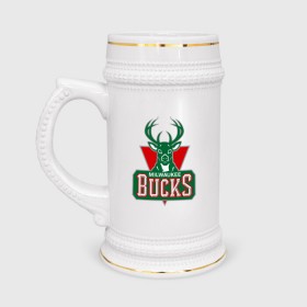 Кружка пивная с принтом Milwaukee Bucks - logo в Петрозаводске,  керамика (Материал выдерживает высокую температуру, стоит избегать резкого перепада температур) |  объем 630 мл | basketball | nba | баскетболл | лого баскетбольных клубов | нба