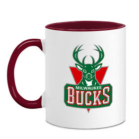 Кружка двухцветная с принтом Milwaukee Bucks - logo в Петрозаводске, керамика | объем — 330 мл, диаметр — 80 мм. Цветная ручка и кайма сверху, в некоторых цветах — вся внутренняя часть | Тематика изображения на принте: basketball | nba | баскетболл | лого баскетбольных клубов | нба