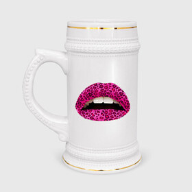 Кружка пивная с принтом Pink leopard lips в Петрозаводске,  керамика (Материал выдерживает высокую температуру, стоит избегать резкого перепада температур) |  объем 630 мл | Тематика изображения на принте: lips | губы | леопард | помада | поцелуй