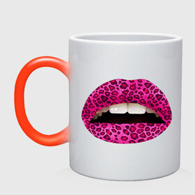 Кружка хамелеон с принтом Pink leopard lips в Петрозаводске, керамика | меняет цвет при нагревании, емкость 330 мл | Тематика изображения на принте: lips | губы | леопард | помада | поцелуй