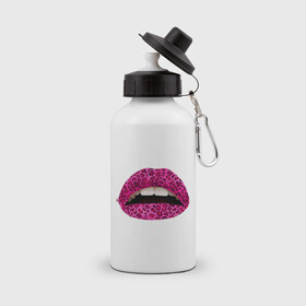Бутылка спортивная с принтом Pink leopard lips в Петрозаводске, металл | емкость — 500 мл, в комплекте две пластиковые крышки и карабин для крепления | Тематика изображения на принте: lips | губы | леопард | помада | поцелуй