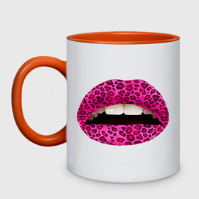 Кружка двухцветная с принтом Pink leopard lips в Петрозаводске, керамика | объем — 330 мл, диаметр — 80 мм. Цветная ручка и кайма сверху, в некоторых цветах — вся внутренняя часть | lips | губы | леопард | помада | поцелуй