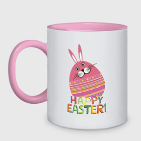 Кружка двухцветная с принтом Easter rabbit в Петрозаводске, керамика | объем — 330 мл, диаметр — 80 мм. Цветная ручка и кайма сверху, в некоторых цветах — вся внутренняя часть | happy easter | кролик | пасха | пасхальное яйцо | пасхальный кролик | счастливой пасхи