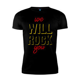 Мужская футболка премиум с принтом We will rock you! в Петрозаводске, 92% хлопок, 8% лайкра | приталенный силуэт, круглый вырез ворота, длина до линии бедра, короткий рукав | freddie mercury | queen | классический рок | куин | рок группа | фредди меркьюри